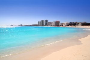 Cancun beach view from turquoise Caribbean sea summer vacation destination